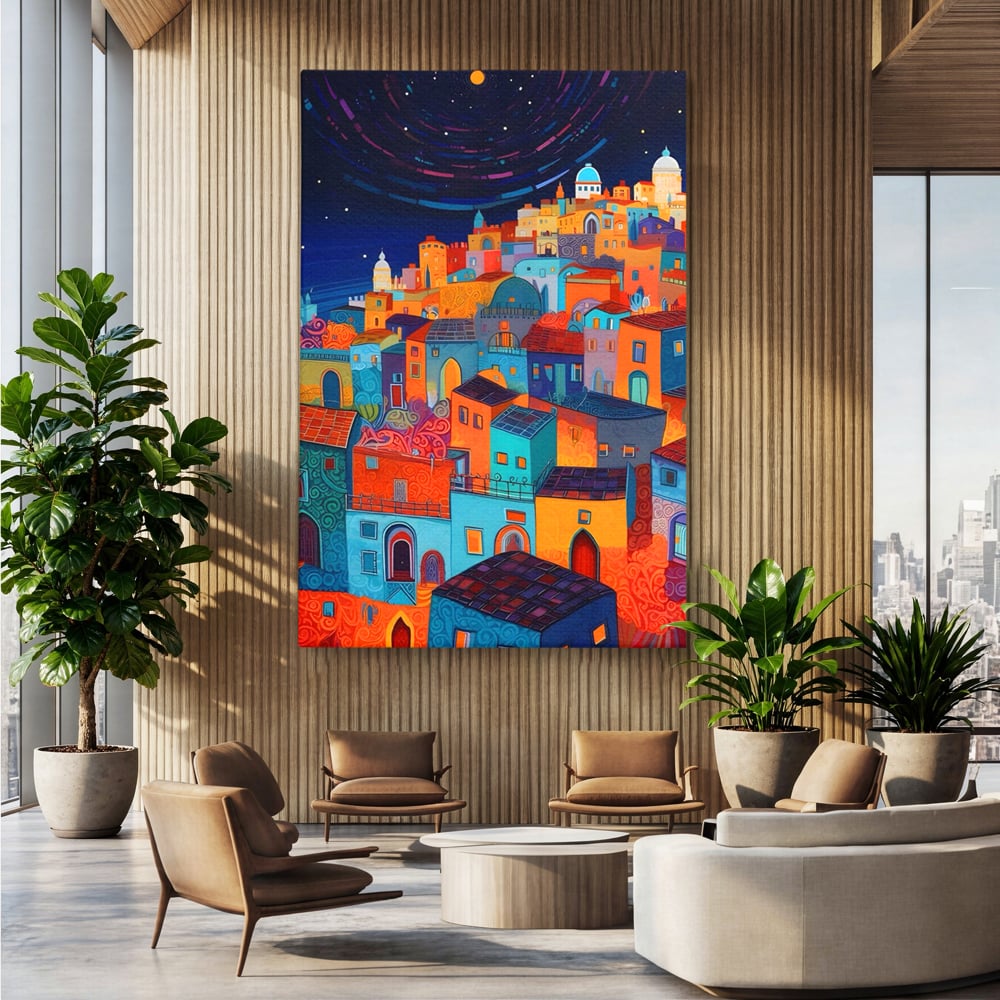 Tablou canvas cu tablou canvas cu oras colorat si cer instelat, fara rama, pe sasiu de lemn, pe perete intr-un birou